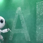 A robot writing "AI" on blackboard