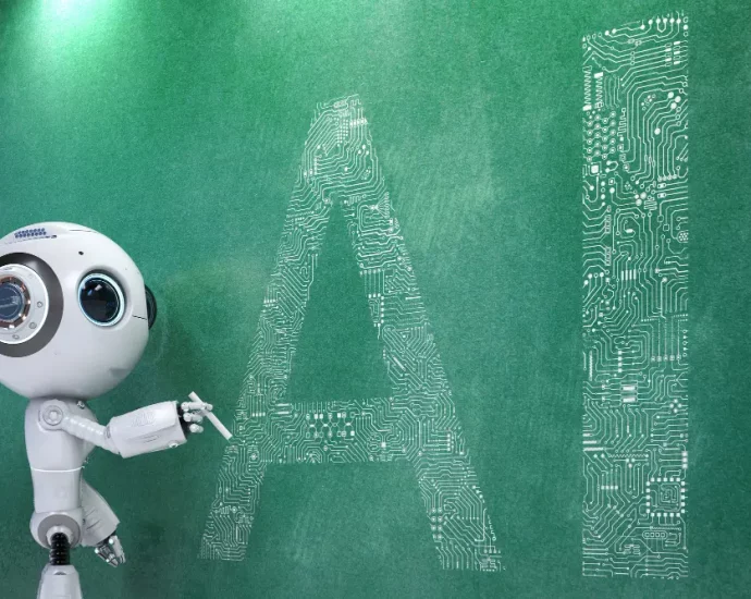 A robot writing "AI" on blackboard