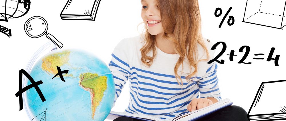 A concept picture of a girl looking at globe holding a book